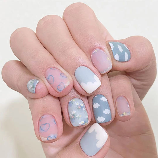 Enchanted Skyline Medium Length Square Press On Nails in Pastel Pink and Blue with Cloud & Heart Designs