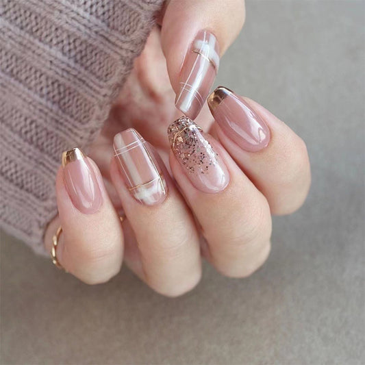 Elegant Soiree Medium Coffin Pink Press On Nails with Glitter Accents and Metallic Tips