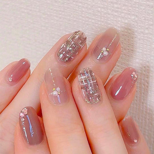 Elegant Bridal Collection Medium Squoval Mauve Press On Nails with Rhinestone Accents and Metallic Detailing