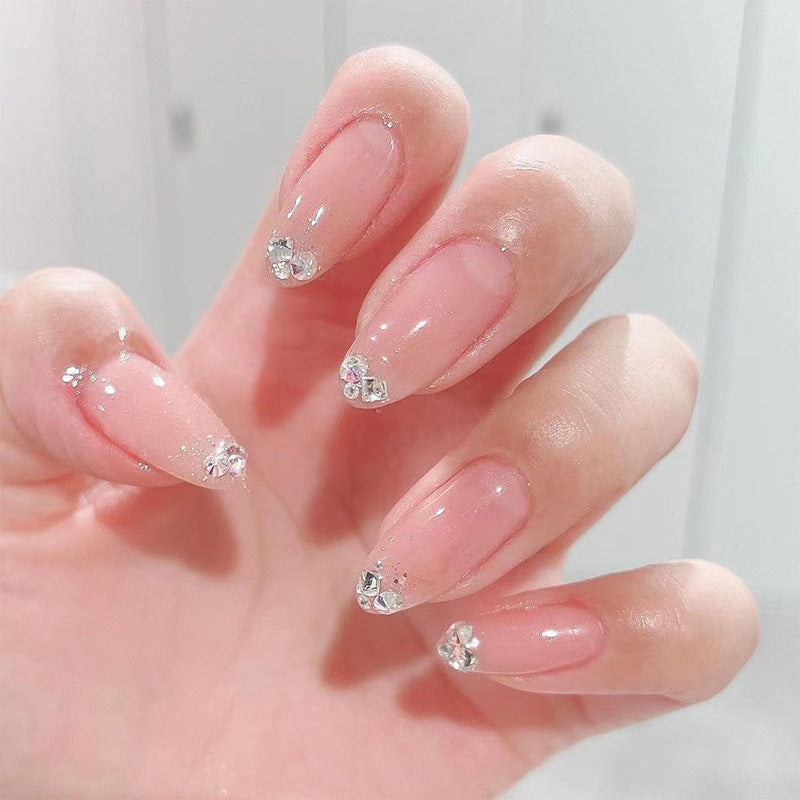 Enchanted Elegance Long Oval Pink Press On Nails with Rhinestone Accents