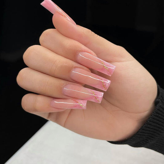 Elegant Bridal Long Square Pale Pink Press On Nail Set with Gold Flake Accents