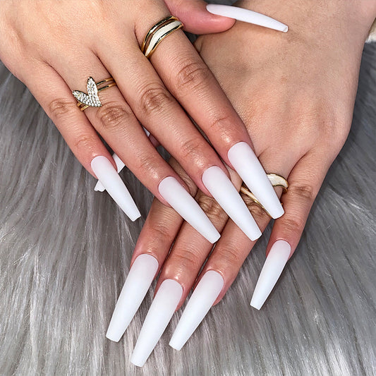 Elegant Frost Queen Extra-Long Coffin Pure White Press On Nail Set with Seamless Ombre Finish