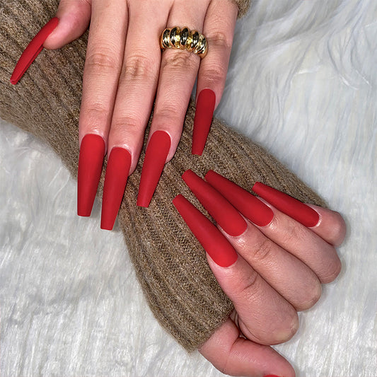 Red Carpet Glamour Long Coffin Matte Red Press On Nail Set with Easy Application Kit