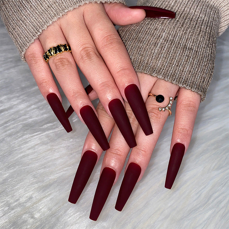 Elegant Autumn Long Coffin Burgundy Matte Finish Press On Nail Set