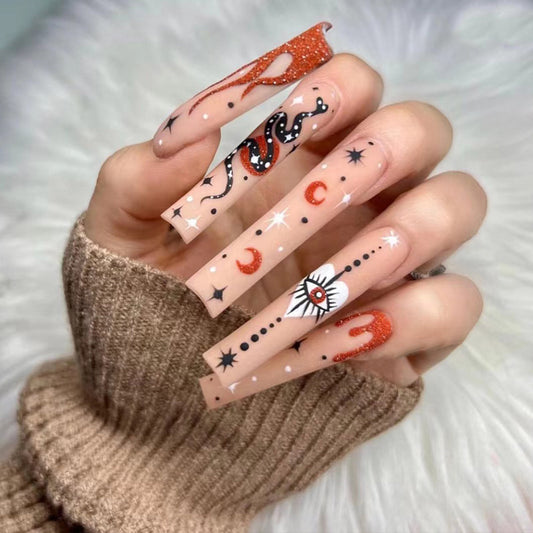 Celestial Charm Extra-Long Square Peach Glitter Accents Press On Nail Set