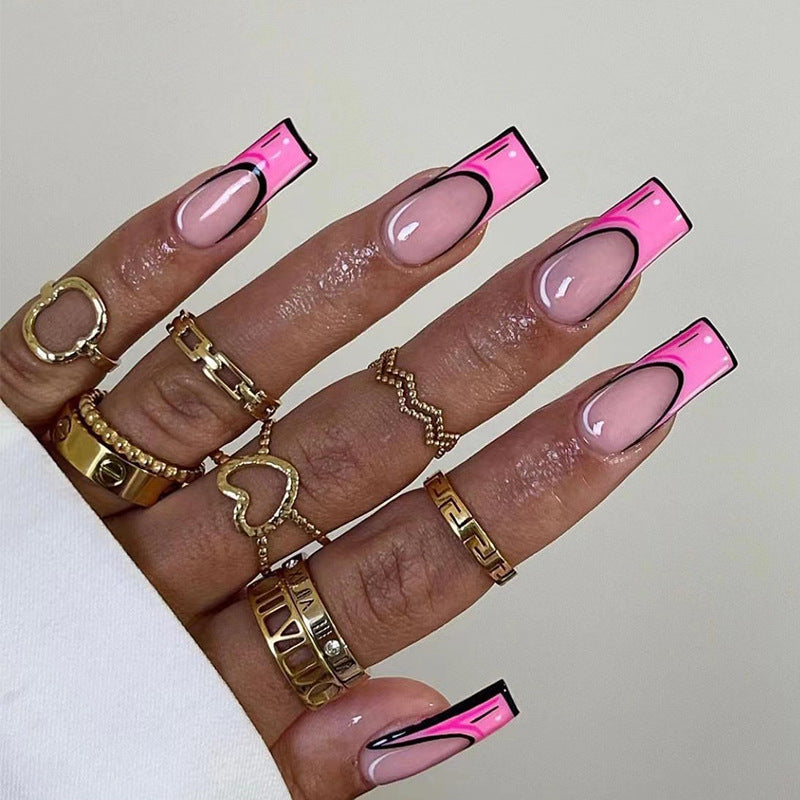 Glamour Night Long Square Beige Press On Nail Set with Pink Accents and Gold Chain Detail