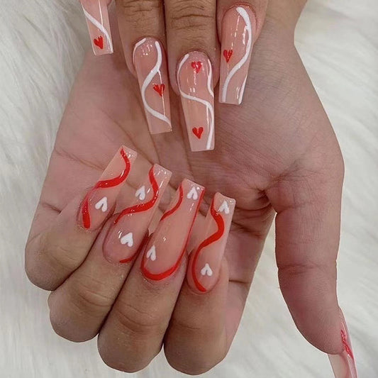 Romantic Rendezvous Extra Long Coffin Shape Beige & Red Press on Nails with Heart Accents