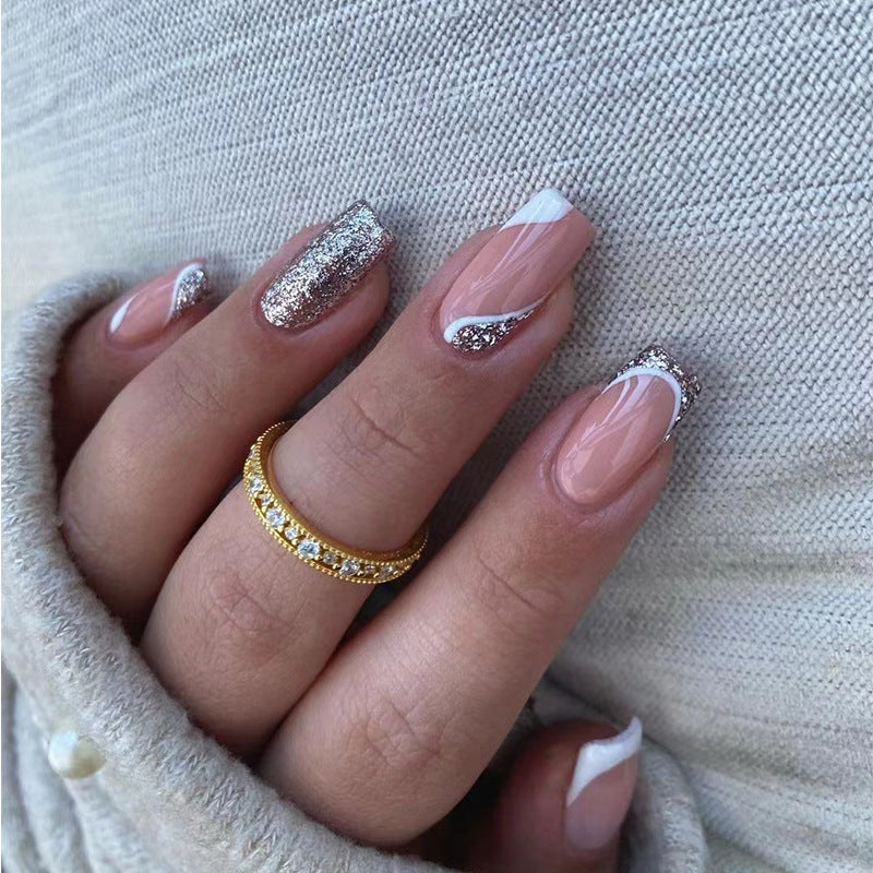 Elegant Soiree Medium Coffin Beige Press On Nail Set with Glitter Accents and Rhinestone Embellishments