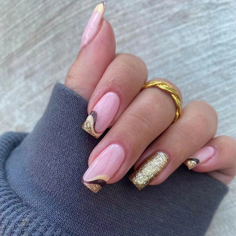 Glamourous Gala Medium Square Pink and Glitter Accent Press On Nail Set with Gold Detailing