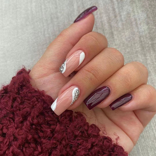 Elegant Maroon & Beige Medium Square Press On Nail Set with Glitter Accent