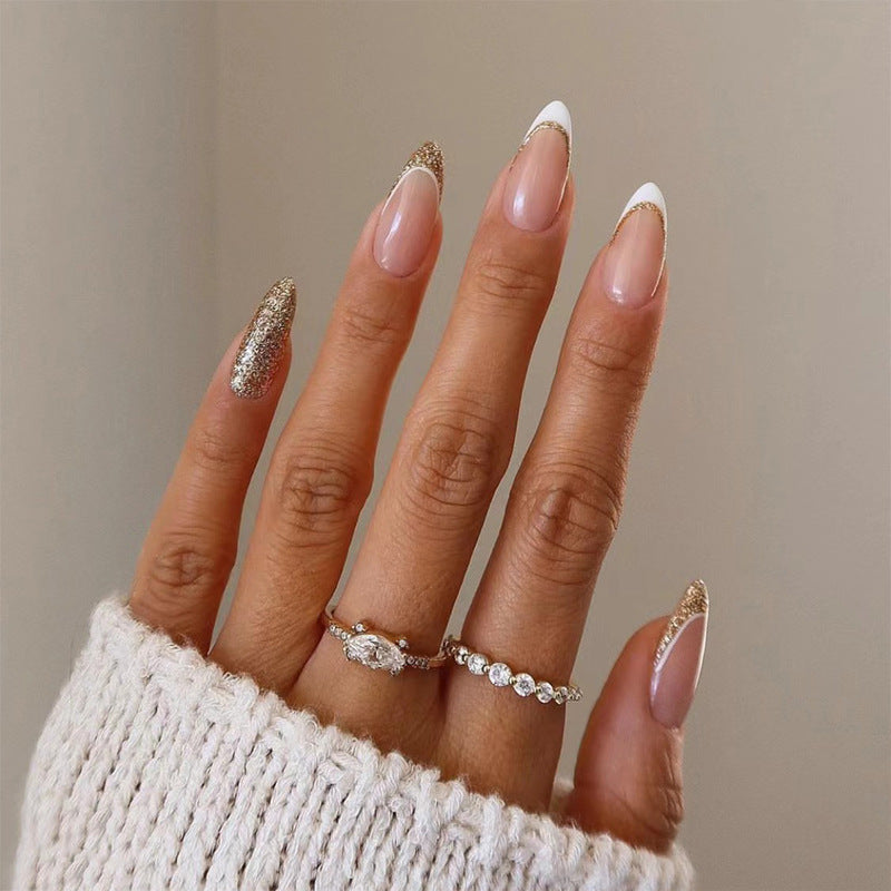 Elegant Affair Long Almond Pink and White Ombre Press On Nail Set with Glitter Accents