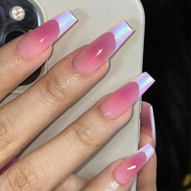 Fairy Dust Charm Long Coffin Pink Ombre Press on Nail Set with Holographic Shine