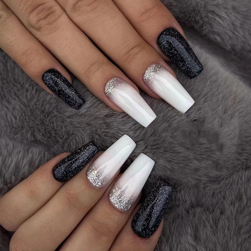 Midnight Glamour Medium Coffin Ombre Black and White Press On Nails with Sparkling Accents