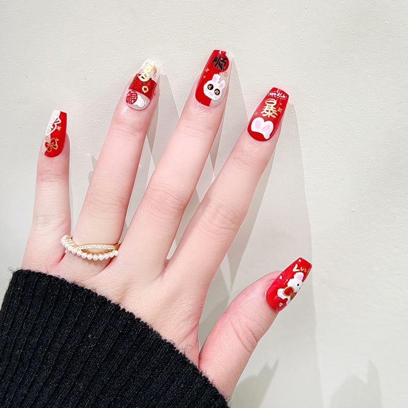 Festive Elegance Medium Coffin Red Press On Nails with Oriental Characters and Adorable Bear Accents