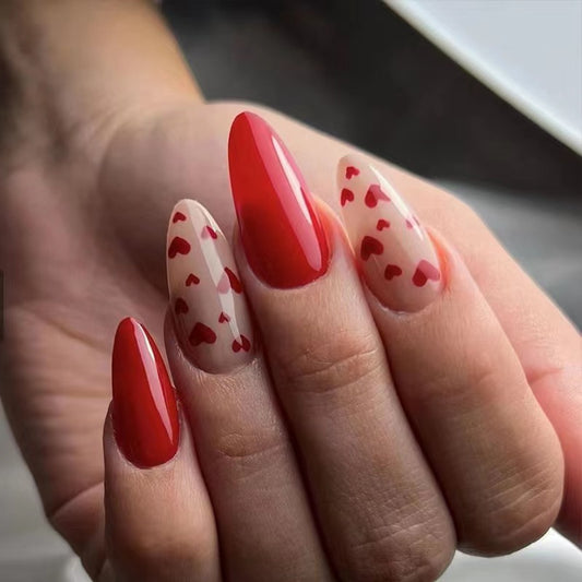 Romantic Affair Extra-Long Almond Shaped Red Press On Nail Set with Heart Accents