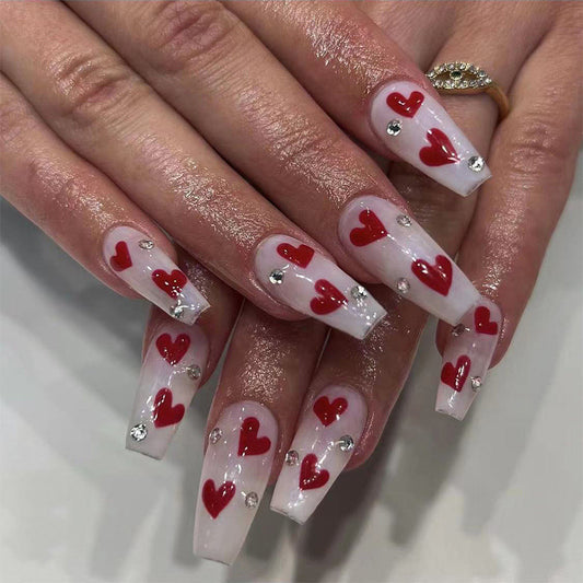 Romantic Affair Medium Coffin Clear Press On Nail Set with Red Hearts and Rhinestone Accents