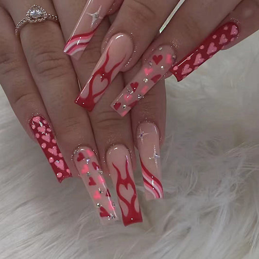 Valentine's Romance Extra-Long Coffin Press On Nail Set, Pink and Red with Heart Accents and Rhinestone Embellishments