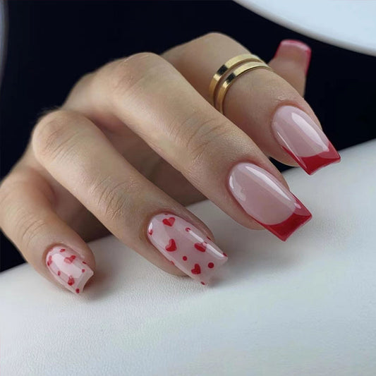 Romantic Affair Long Square Pink and Red Ombre Press On Nails with Heart Accents