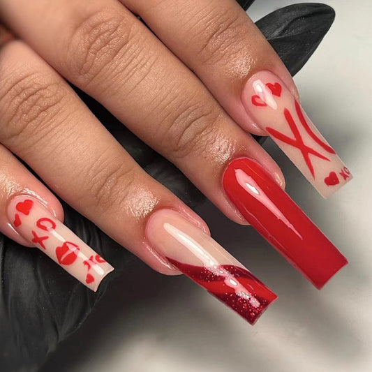 Valentine's Romance Extra Long Coffin Red Press on Nails with Love Heart Accents and Glitter Detail