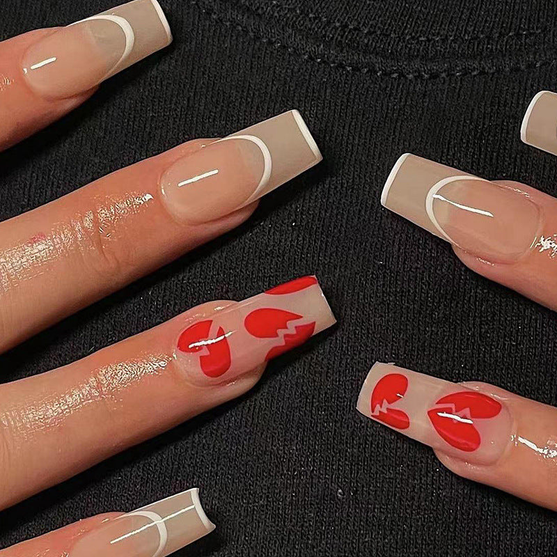 Romantic Hearts Long Square Beige Press On Nails with Red Accents and Glossy Finish