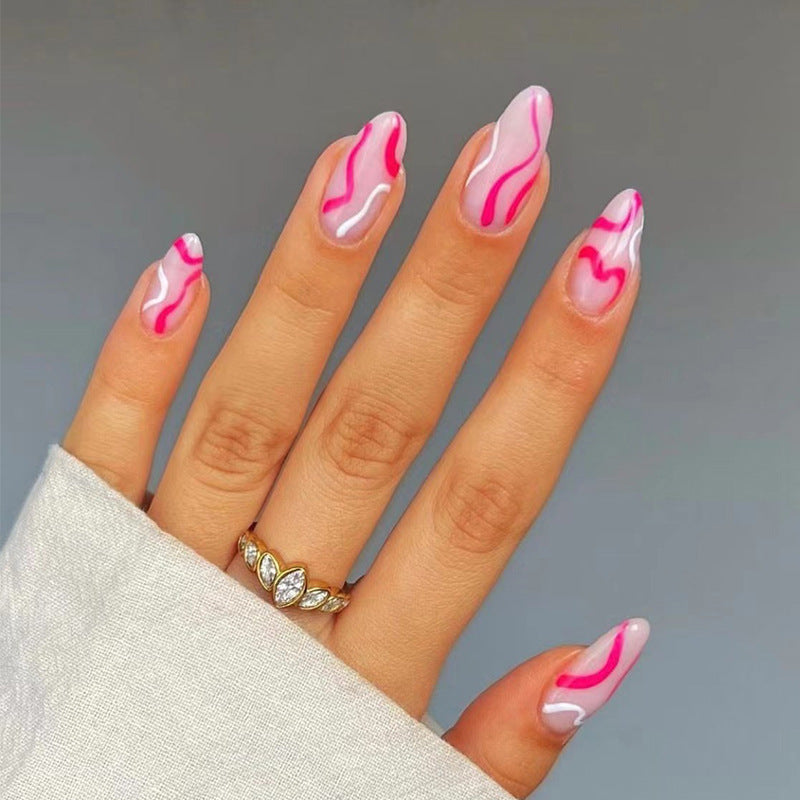 Summer Swirl Long Almond Pink and White Press On Nail Set with Glossy Marble Design