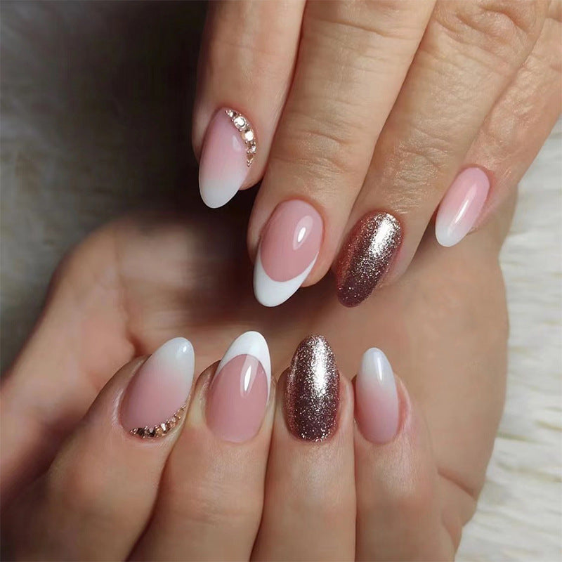 Elegant Romance Medium Almond Pink and White Ombre Press On Nail Set with Glitter Accents