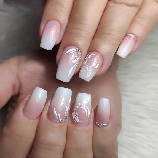 Elegant Bridal Collection Medium Coffin Ombre Pink Press on Nails with Floral Accents and Rhinestone Embellishments