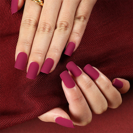 Elegant Evening Medium Length Matte Burgundy Squoval Press On Nail Set