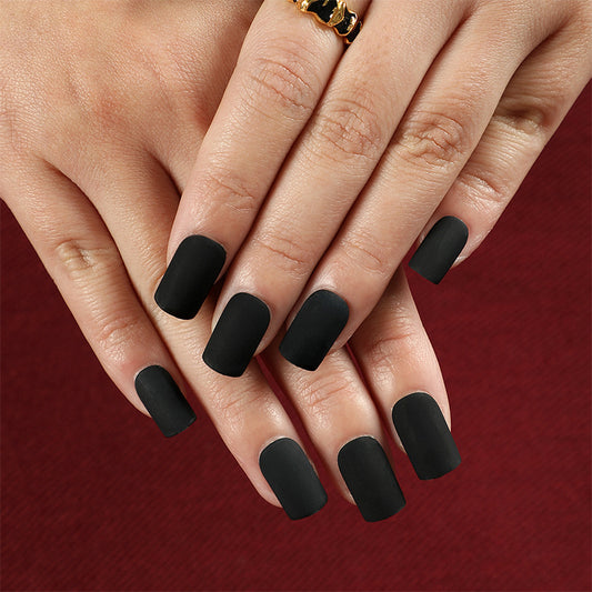 Mystic Matte Elegance Medium Squoval Solid Black Press On Nail Set with Velvet Finish