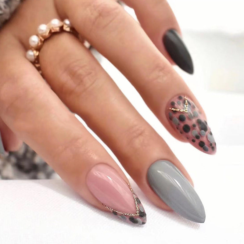 Safari Chic Long Almond Press On Nails in Pink, Black, Grey and Animal Print with Rhinestone Accents