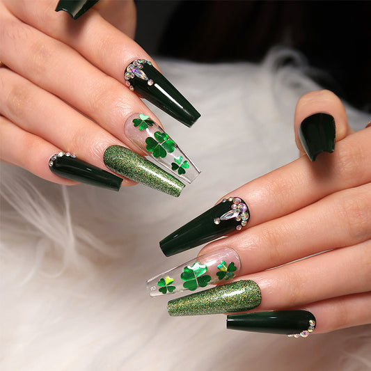 Enchanted Emerald Clover Long Coffin Green Press On Nails with Glitter Accents and Rhinestone Embellishments