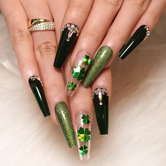 Emerald Enchantment Long Coffin Green Press On Nail Set with Shamrock Accents and Rhinestone Embellishments