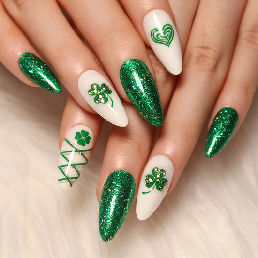 Emerald Elegance Long Almond White and Green Press On Nail Set with Clover Accents and Sparkle Finish