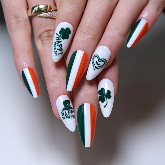 Four Leaf Clover Top Hat Long Almond Green St. Patrick's Day Press On Nails