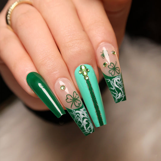 Emerald Elegance Long Coffin Press On Nail Set, Teal & Transparent Duo with Rhinestone Accents and Floral Pattern