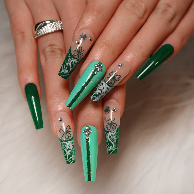 Emerald Enchantment Long Coffin Green Press on Nails with Floral Accents and Rhinestone Embellishments