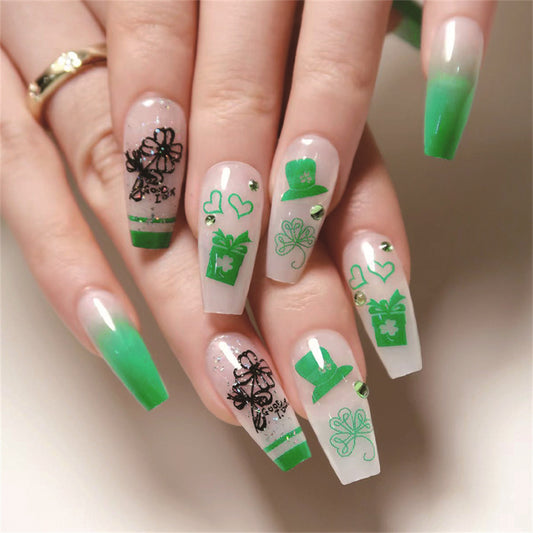 Lucky Charm Green Gradient Long Coffin Press On Nail Set with Irish Themed Accents and Rhinestone Embellishments