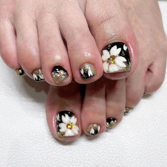 Tahiti Flowers Vacation Black Press On Toenails