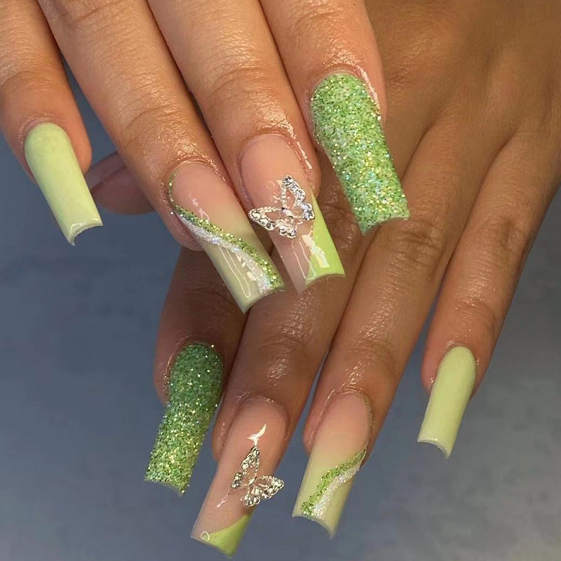 Enchanted Garden Long Square Pale Green Glitter Butterfly Press On Nail Set