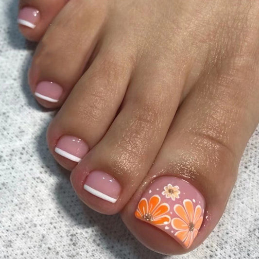 Flower Power French Tips Orange Press On Toenails