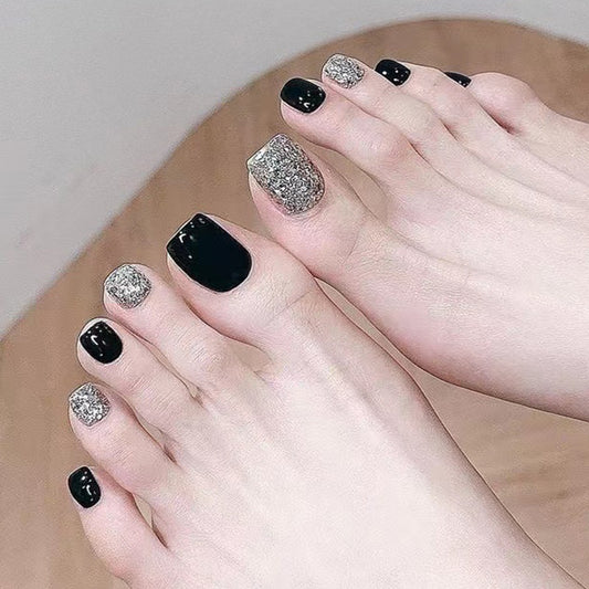 Laying Low Glitter Black Press On Toenails