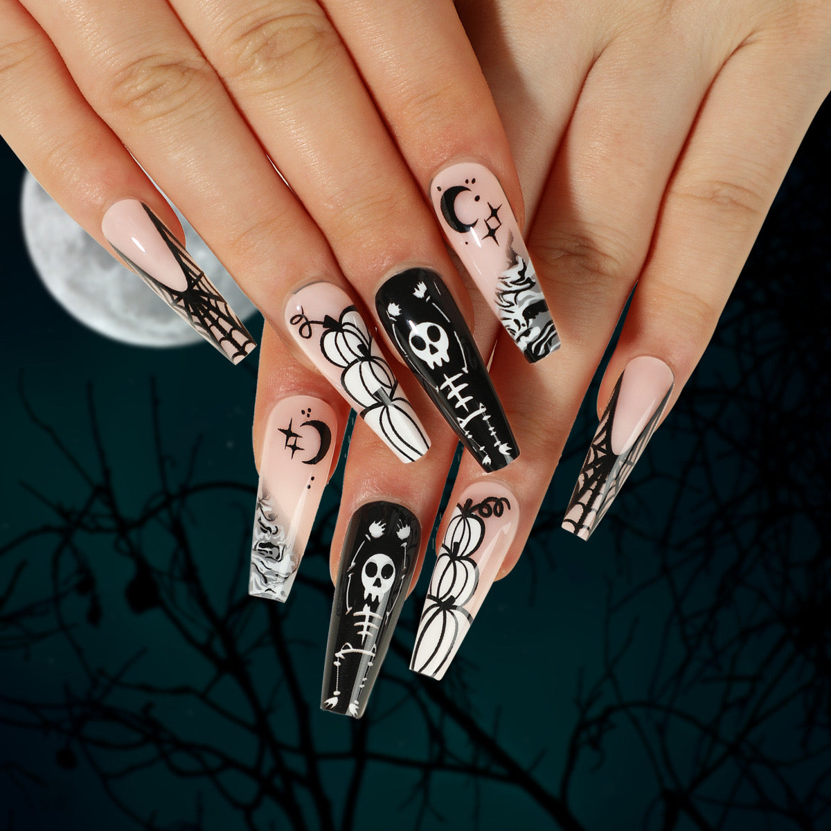 Spooky Skeletons Long Coffin White Halloween Press On Nails