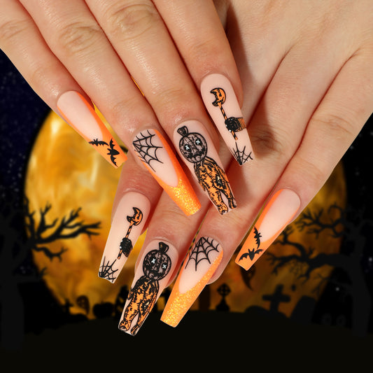 Jack O Lantern Long Coffin Orange Halloween Press On Nails