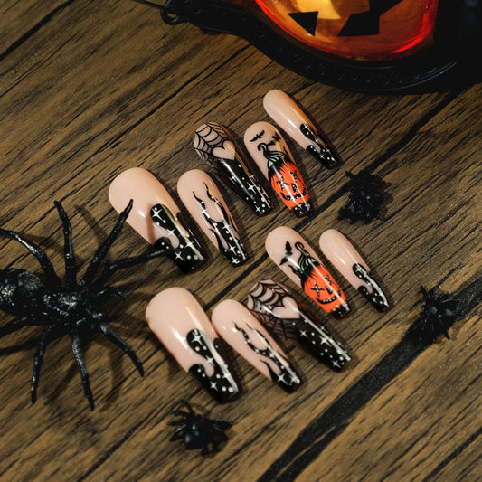 Spooky Elegance Long Coffin Beige Black Halloween-Themed Artwork Press On Nail Set