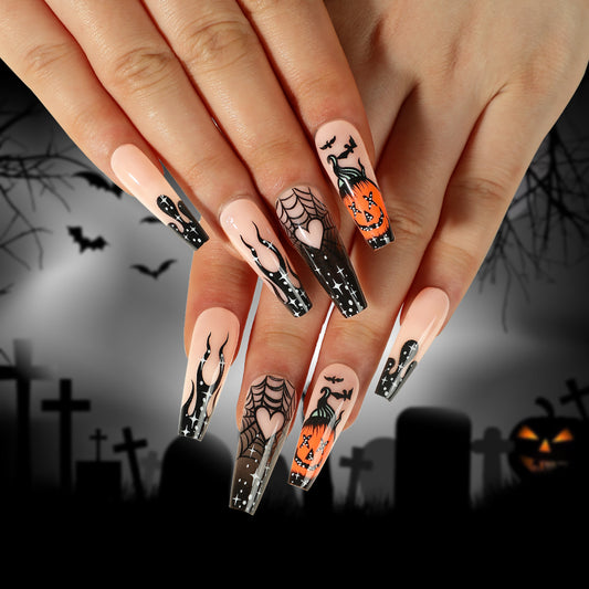 Spooky Halloween Theme Extra-Long Coffin-Shaped Black and Orange Press On Nail Set with Bat and Web Designs