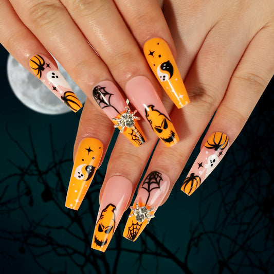 Haunting You Long Coffin Orange Halloween Press On Nails