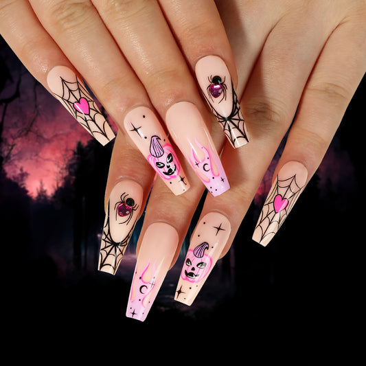 Just A Little Scare Long Coffin Pink Halloween Press On Nails