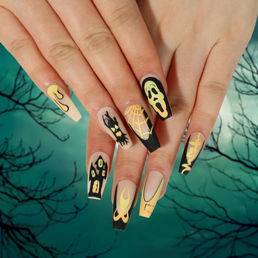 Haunted House Medium Coffin Black Halloween Press On Nails