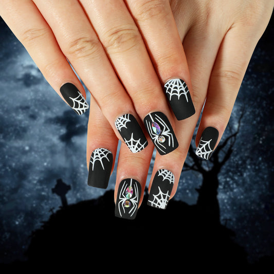 Diamond Spider Medium Square Black Halloween Press On Nails