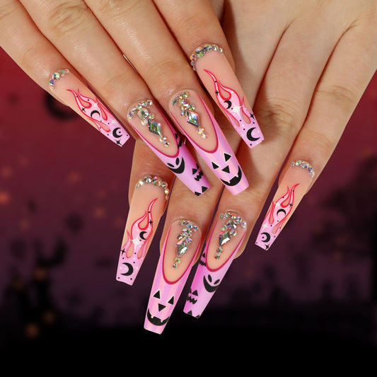 Pumpkin Fire Long Coffin Pink Halloween Press On Nails